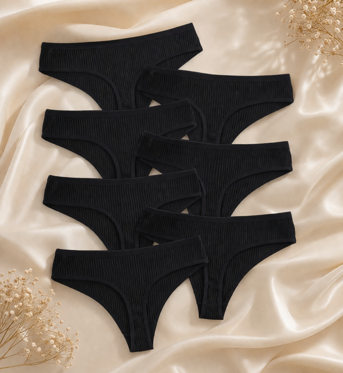 The Essential Black Cotton Thong Set — 7 Piece Set